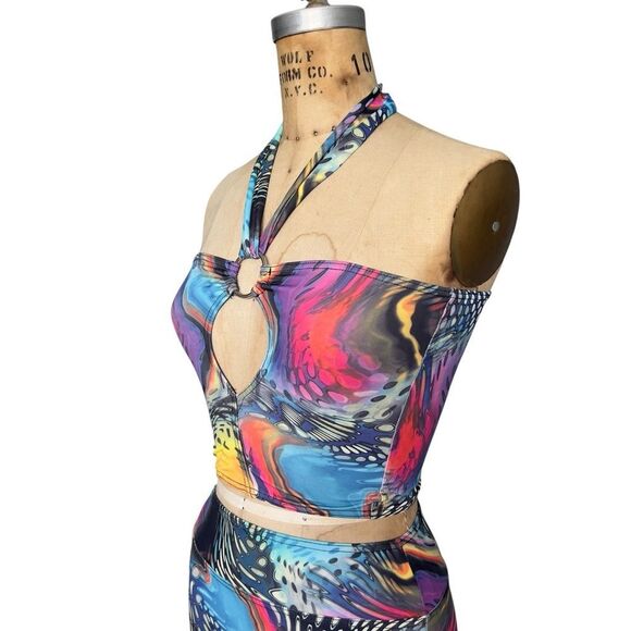 BabyLu Vintage Psychedelic Halter Crop Set - Top Medium Skirt Large - Picture 4 of 6